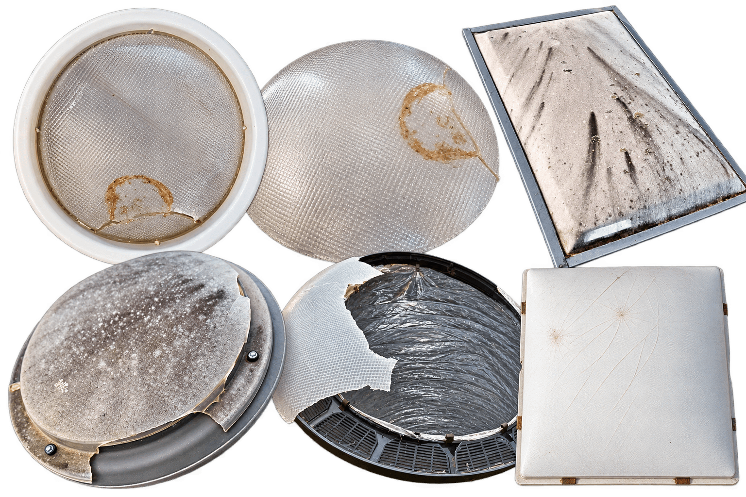 weathered cracked and discoloured skylight domes hail damaged skylight domes